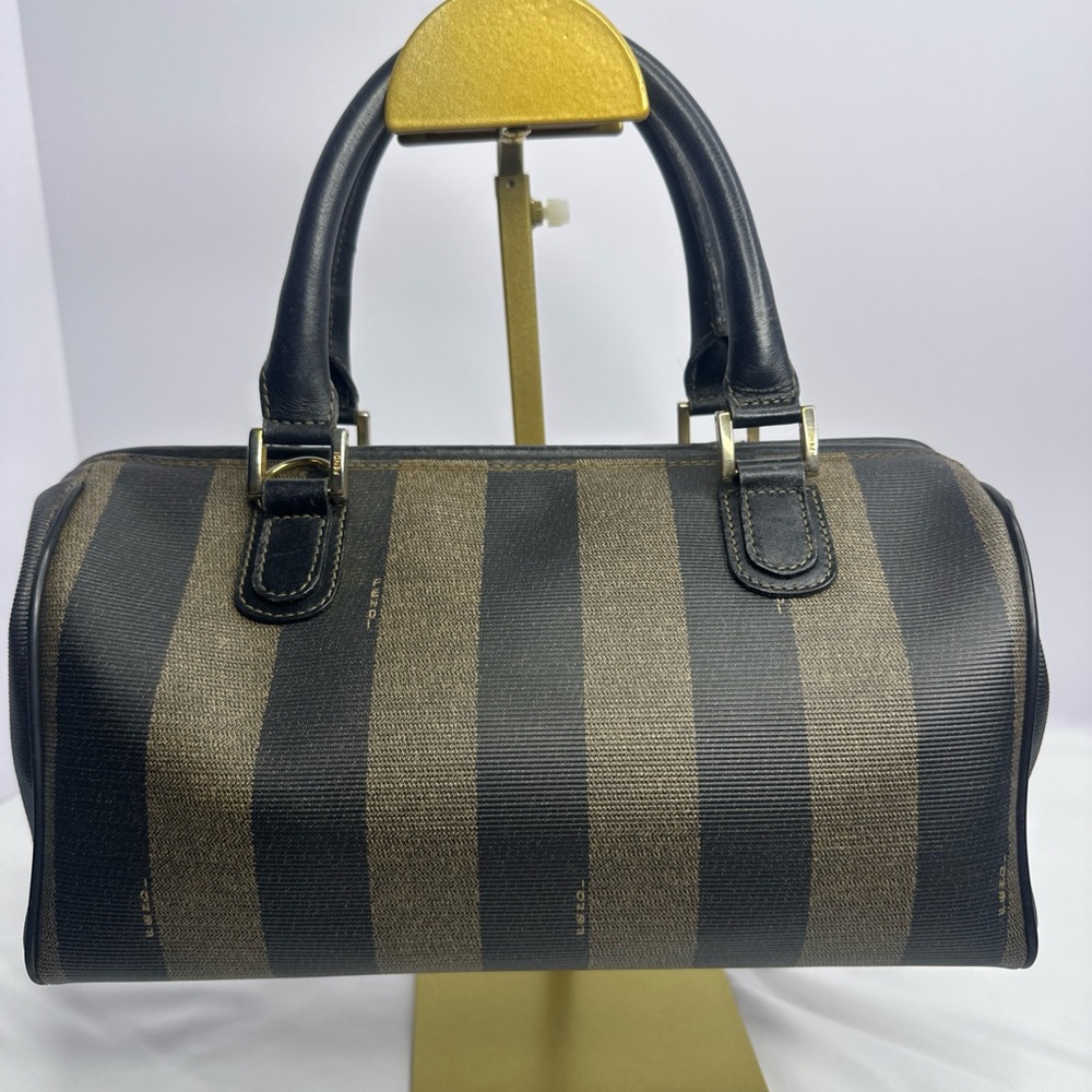 Fendi Black and Brown Striped Boston Handbag - Picture 2 of 10